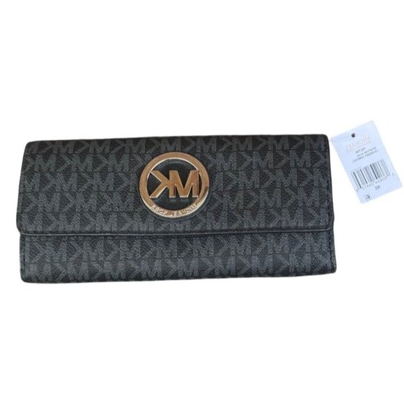 NWT Michael Kors  Black Fulton Flap ContinentalPebble Leather  MK Wallet - Picture 1 of 7